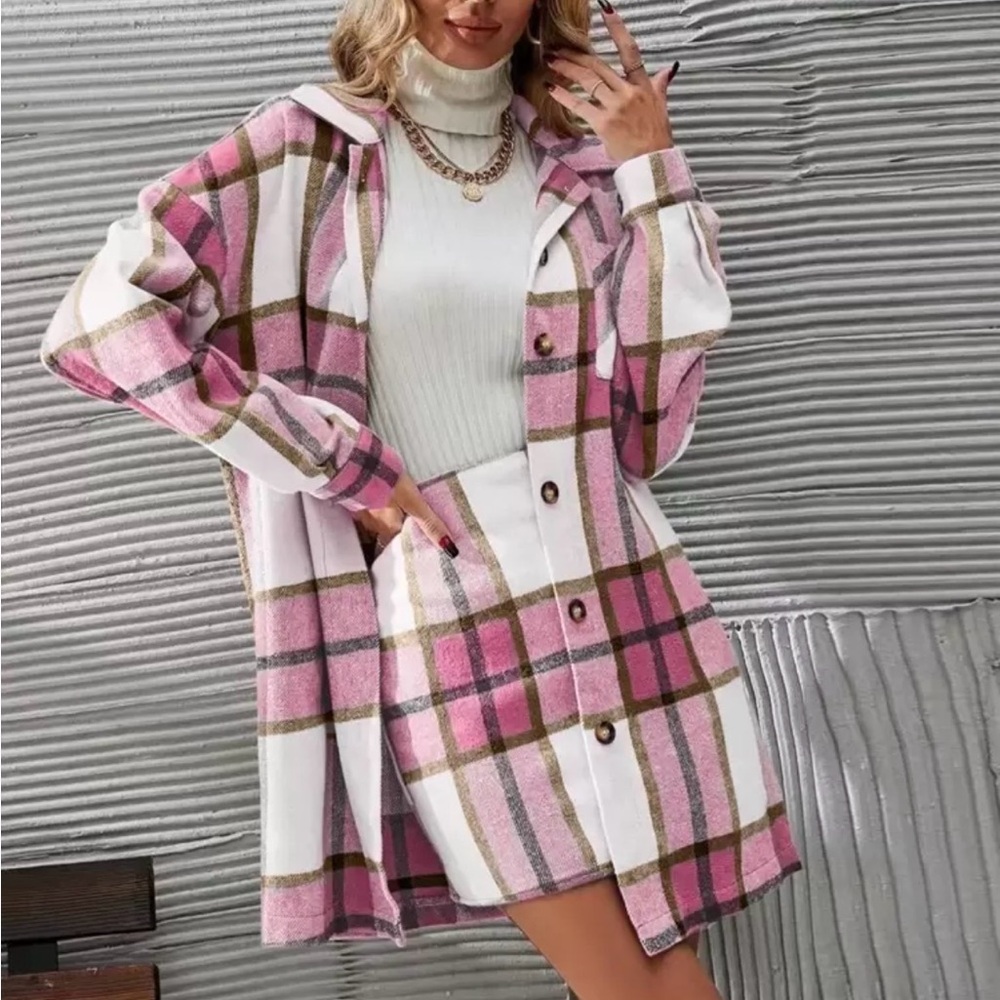 Pink Plaid Button-Up Skirt and Jacket Set